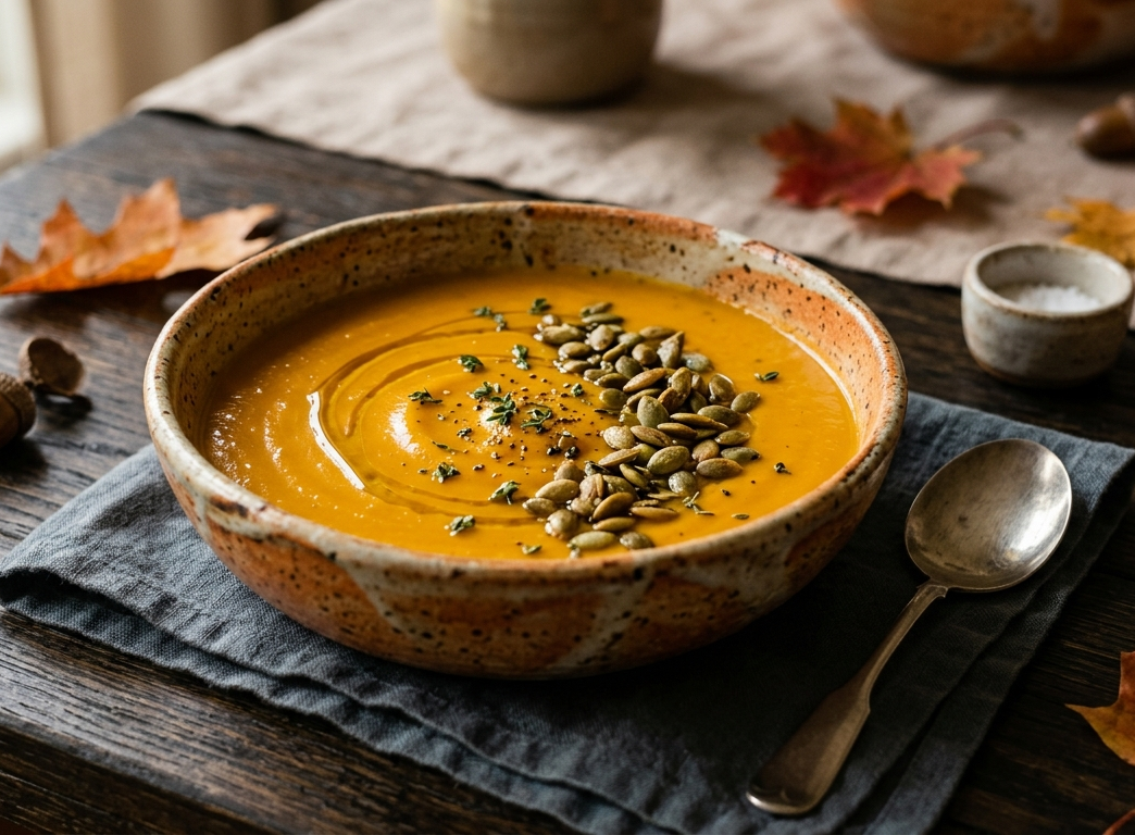 Ciotola di vellutata di zucca autunnale con semi e spezie