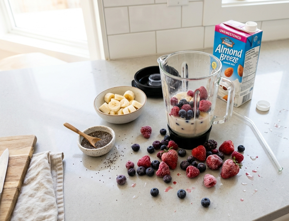 Preparazione di uno smoothie con frutti di bosco surgelati e ingredienti freschi